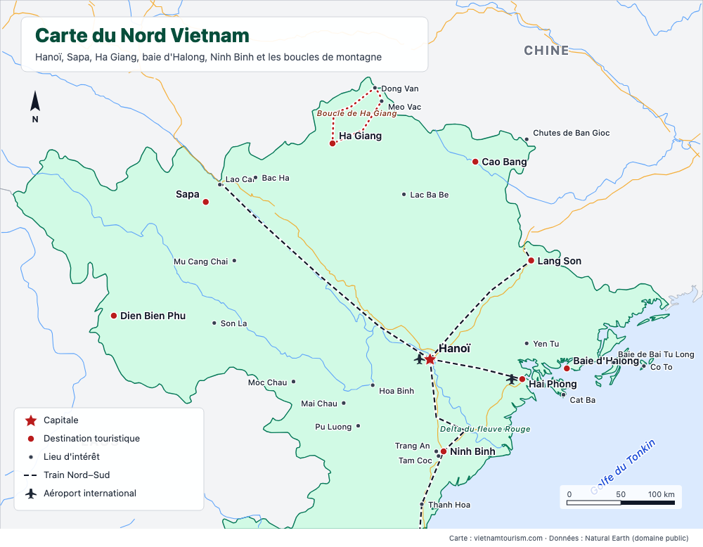 Carte du Nord Vietnam avec 28 destinations, les lignes de train et les routes principales