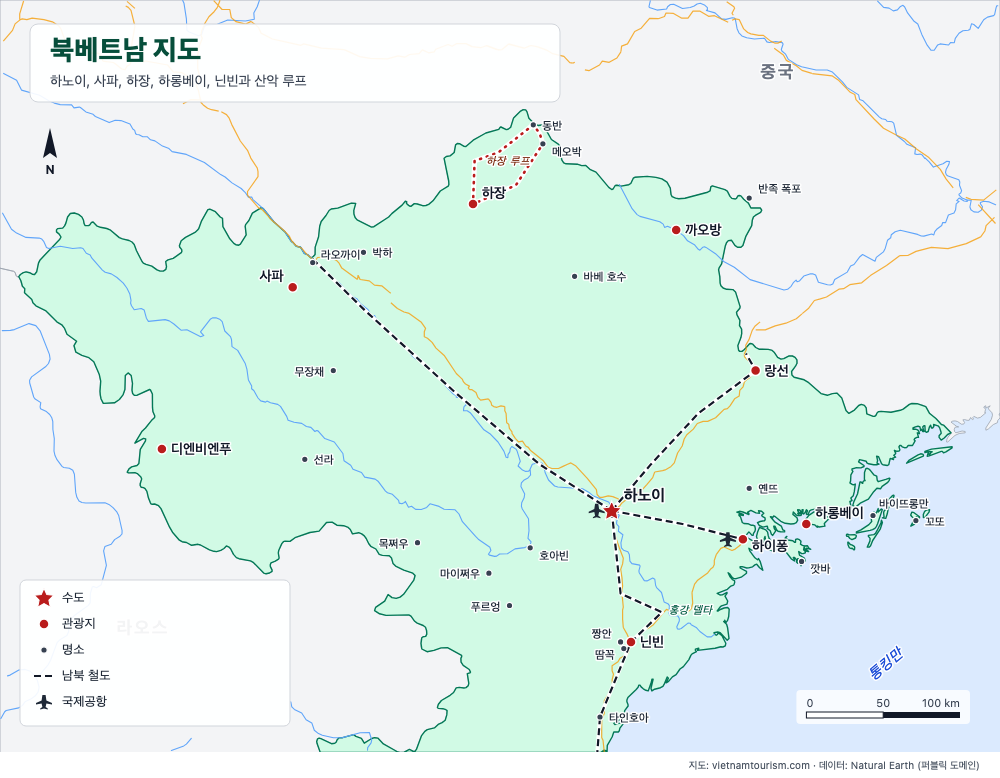 28개 여행지, 철도 노선과 주요 도로를 표시한 북베트남 지도