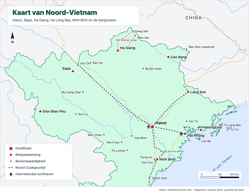 Kaart van Noord-Vietnam met 28 bestemmingen, spoorlijnen en hoofdwegen