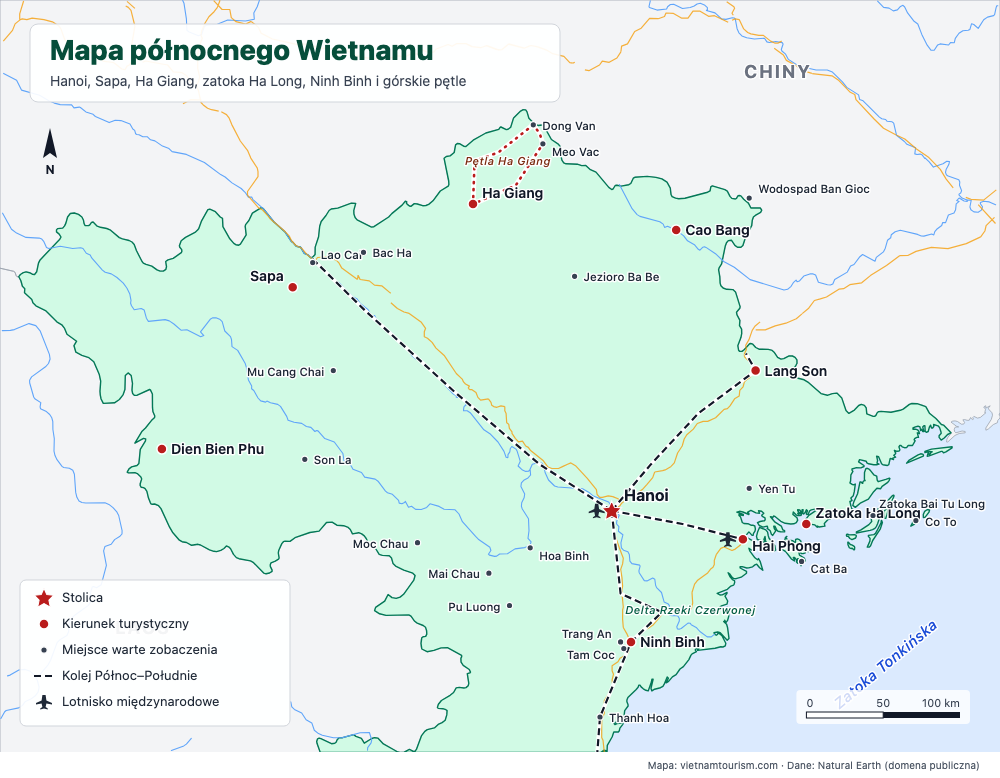 Mapa północnego Wietnamu z 28 celami podróży, liniami kolejowymi i głównymi drogami