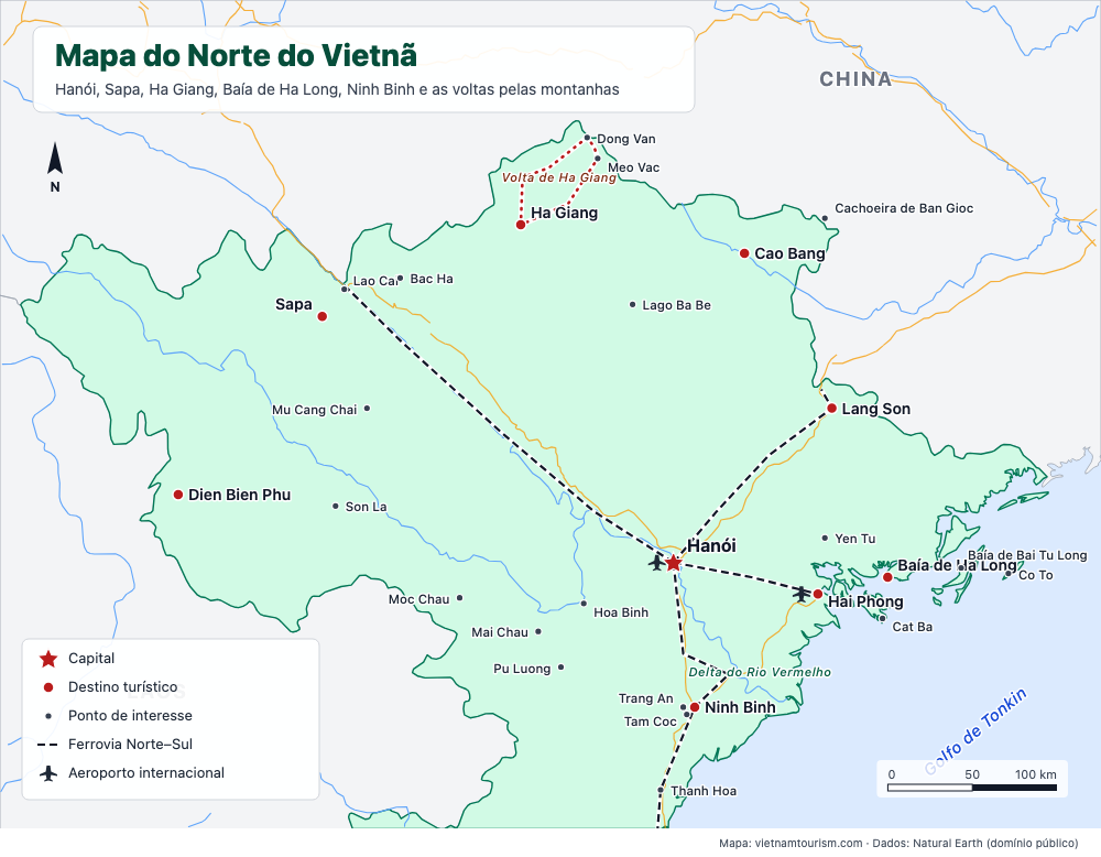 Mapa do Norte do Vietnã com 28 destinos, linhas ferroviárias e estradas principais