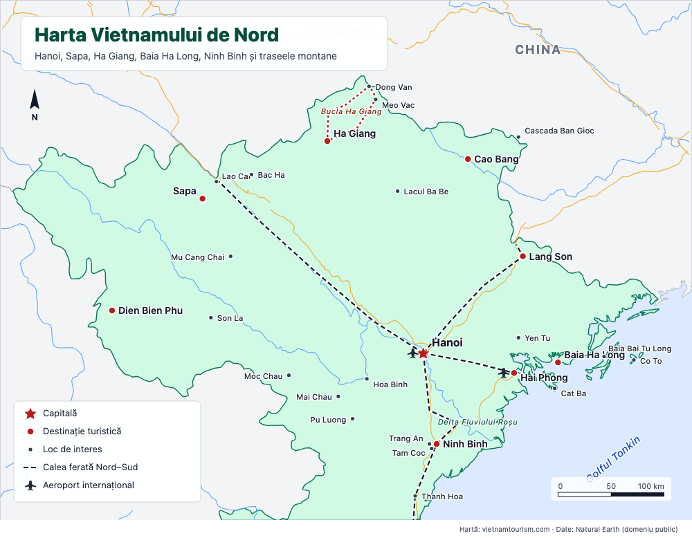 Harta Vietnamului de Nord cu 28 de destinații, liniile feroviare și drumurile principale