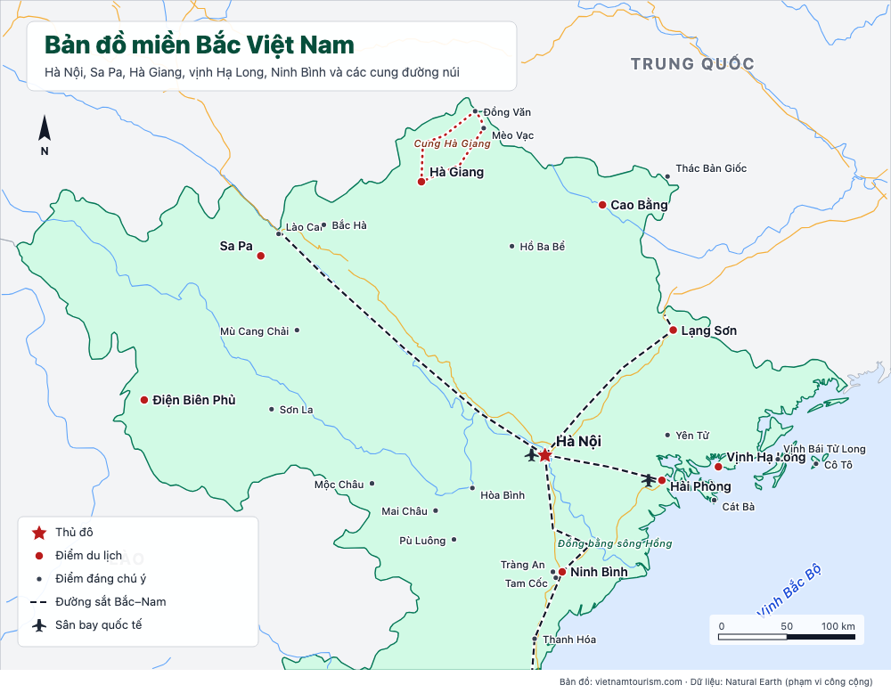 Bản đồ miền Bắc Việt Nam với 28 điểm đến, tuyến đường sắt và đường chính