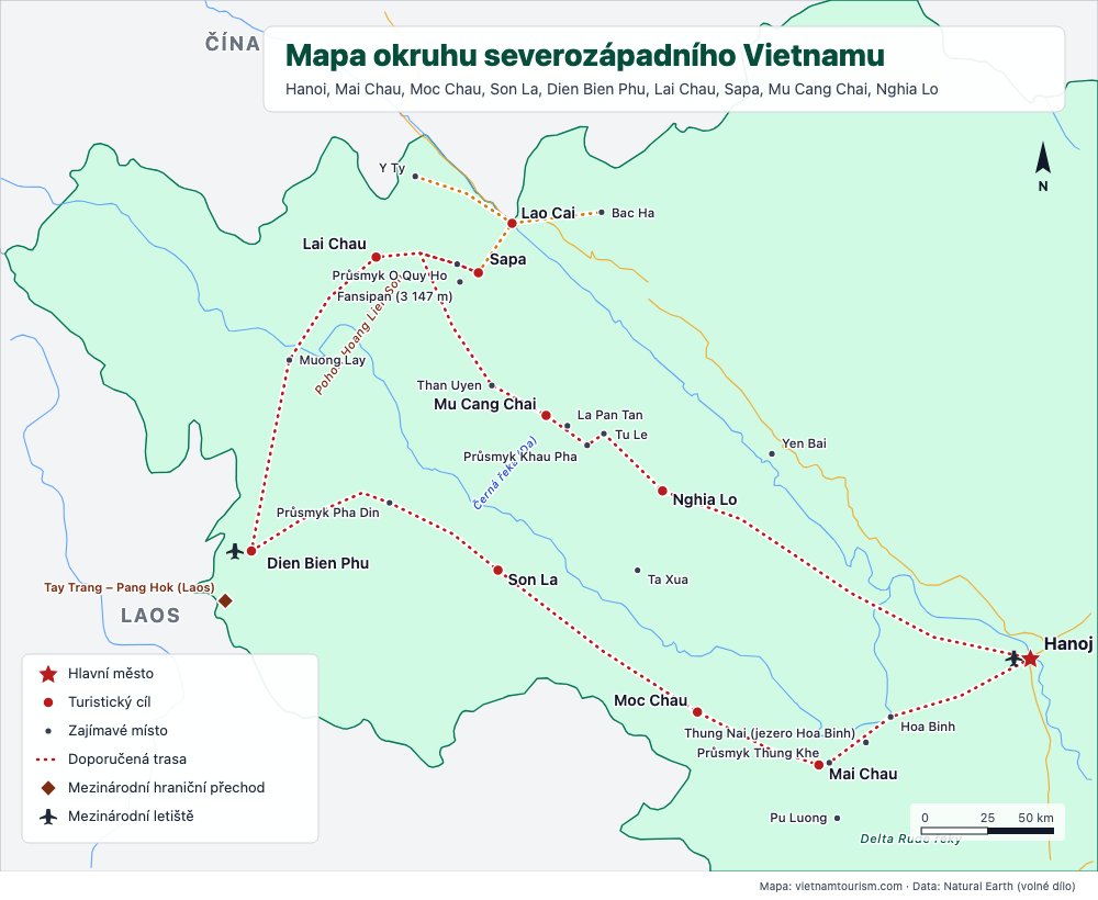 Mapa okruhu severozápadním Vietnamem se silnicemi, sedly a městy z Hanoje do Sapy a Mu Cang Chai