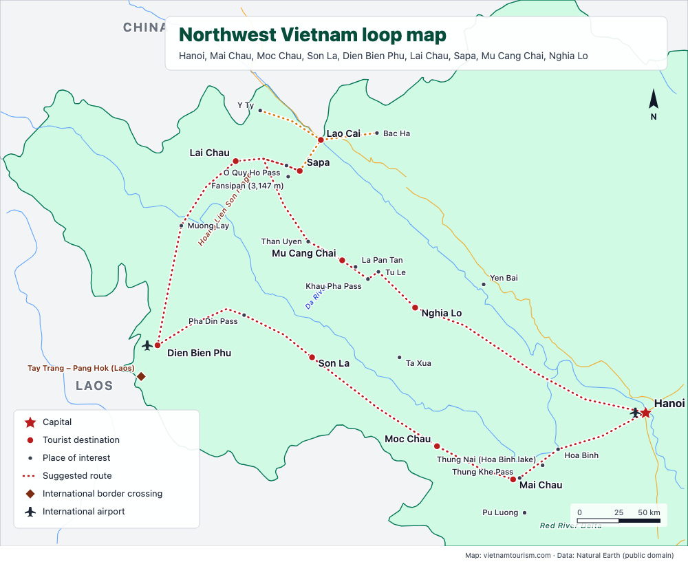 Map of the Northwest Vietnam loop with the roads, passes and towns from Hanoi to Sapa and Mu Cang Chai