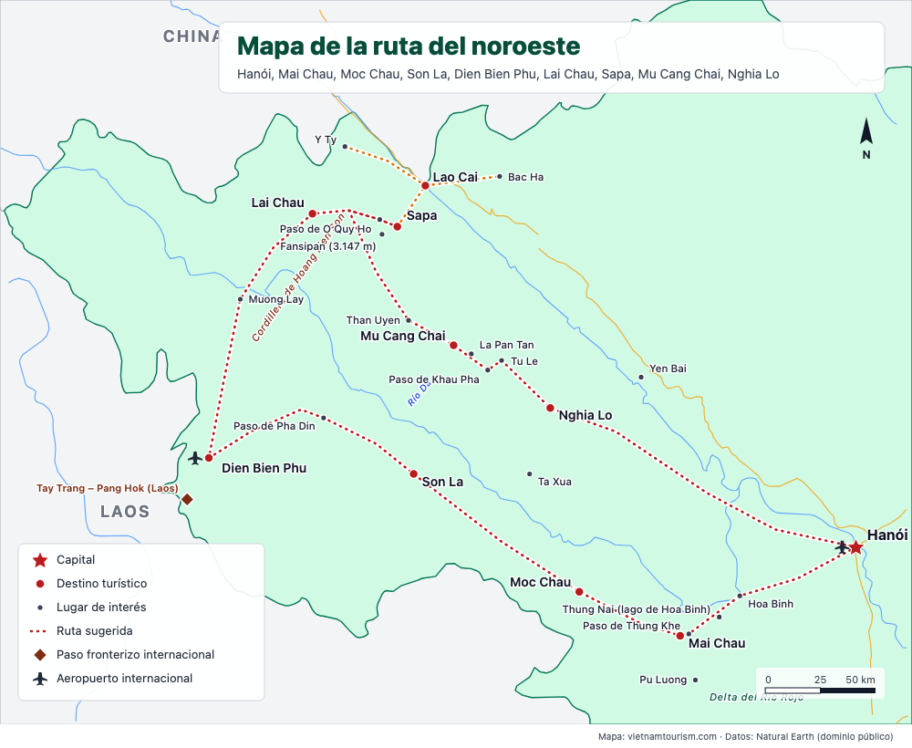 Mapa del bucle del Noroeste de Vietnam con las carreteras, los puertos y las ciudades de Hanoi a Sapa y Mu Cang Chai