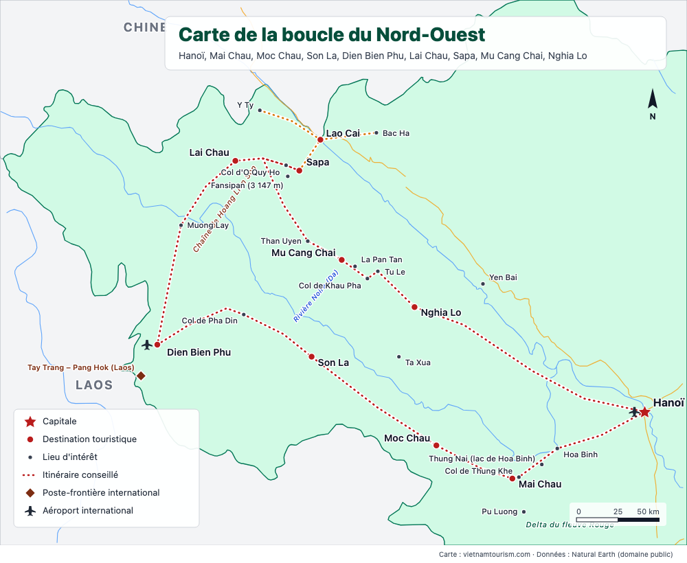 Carte de la boucle du Nord-Ouest du Vietnam avec les routes, les cols et les villes de Hanoï à Sapa et Mu Cang Chai