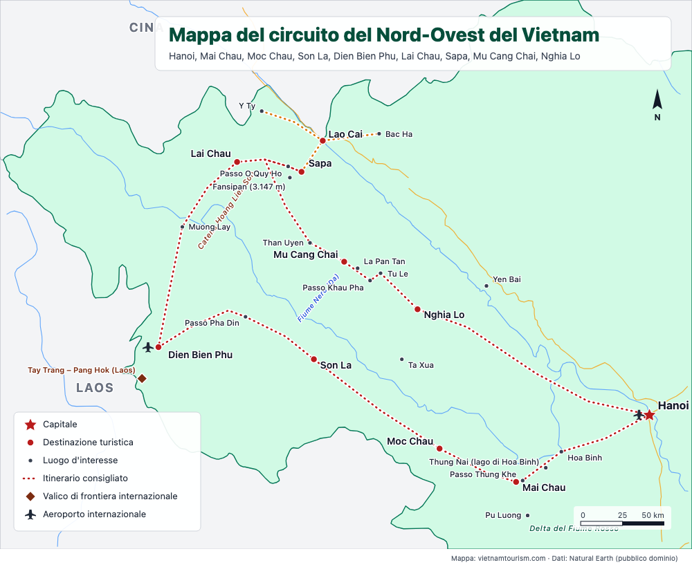 Mappa del loop del Nordovest del Vietnam con le strade, i passi e le città da Hanoi a Sapa e Mu Cang Chai