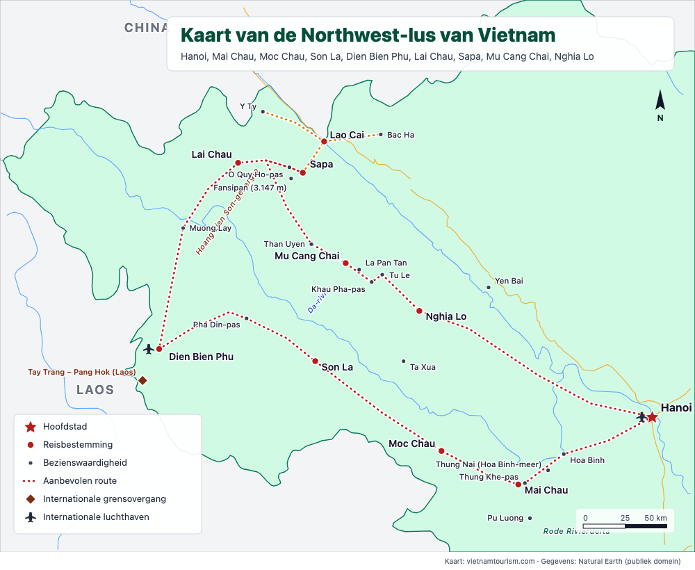Kaart van de Northwest Vietnam-lus met de wegen, passen en steden van Hanoi tot Sapa en Mu Cang Chai