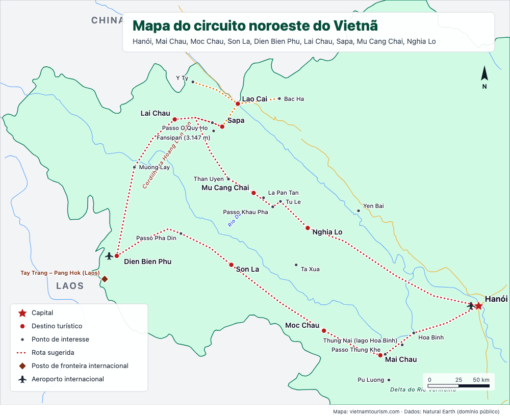 Mapa do loop do Noroeste do Vietnã com as estradas, os passes e as cidades de Hanói a Sapa e Mu Cang Chai