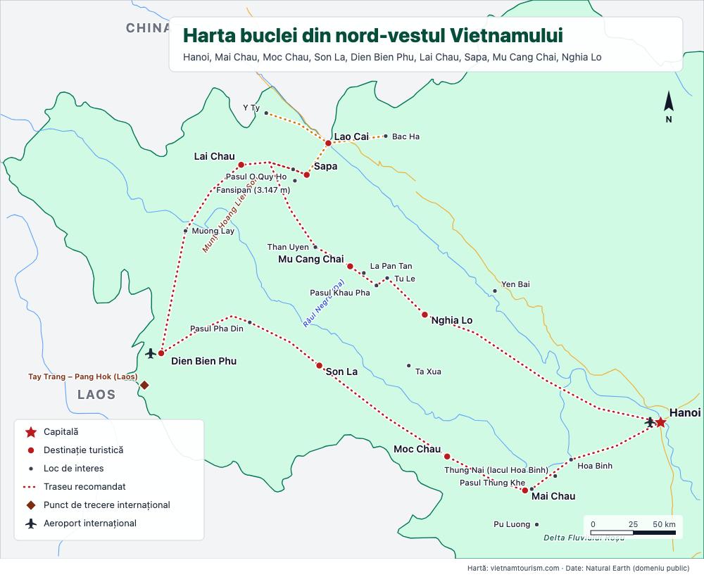 Hartă a buclei din nord-vestul Vietnamului cu drumurile, trecătorile și orașele de la Hanoi la Sapa și Mu Cang Chai