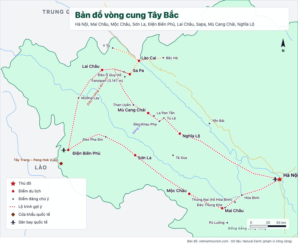 Bản đồ vòng cung Tây Bắc Việt Nam với đường, đèo và thị trấn từ Hà Nội đến Sapa và Mù Cang Chải