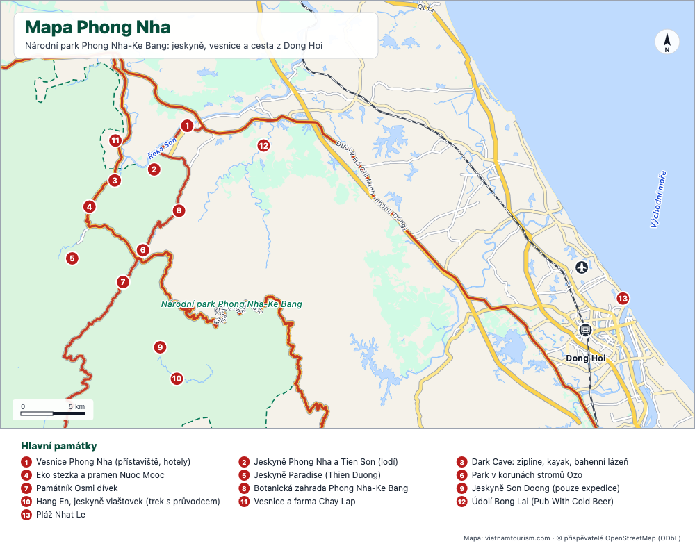 Mapa národního parku Phong Nha-Ke Bang s jeskyněmi, vesnicí Phong Nha a cestou z Dong Hoi