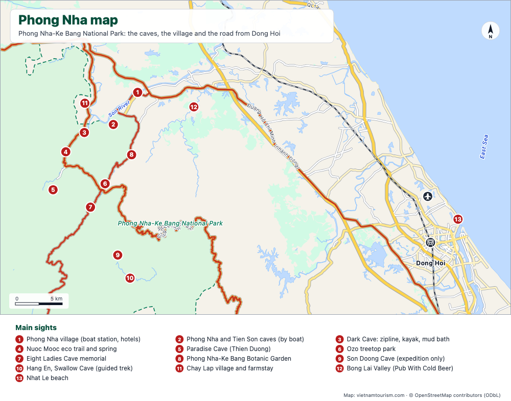 Map of Phong Nha-Ke Bang National Park with the caves, Phong Nha village and the road from Dong Hoi