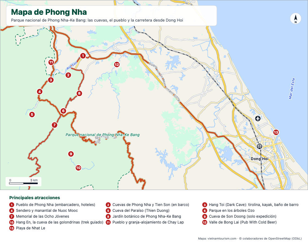 Mapa del Parque Nacional de Phong Nha-Ke Bang con las cuevas, la aldea de Phong Nha y la carretera desde Dong Hoi