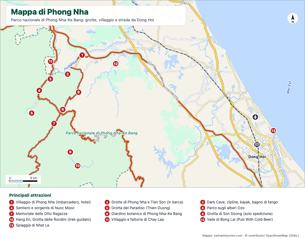 Mappa del Parco Nazionale di Phong Nha-Ke Bang con le grotte, il villaggio di Phong Nha e la strada da Dong Hoi