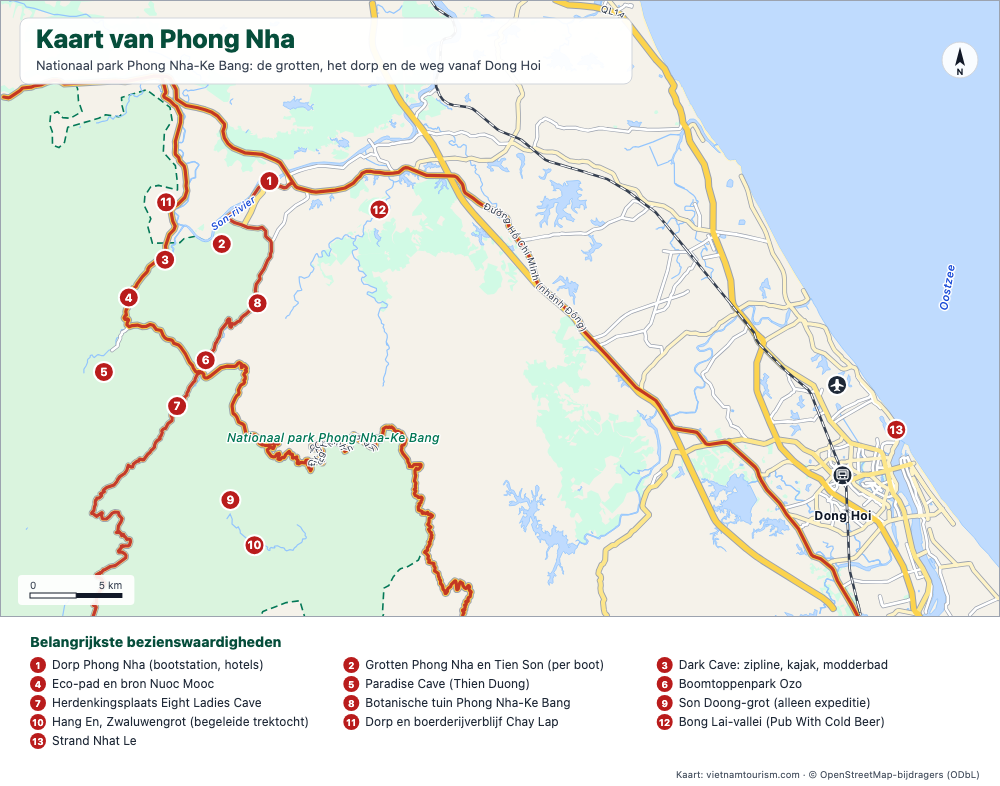 Kaart van het nationaal park Phong Nha-Ke Bang met de grotten, het dorp Phong Nha en de weg vanaf Dong Hoi