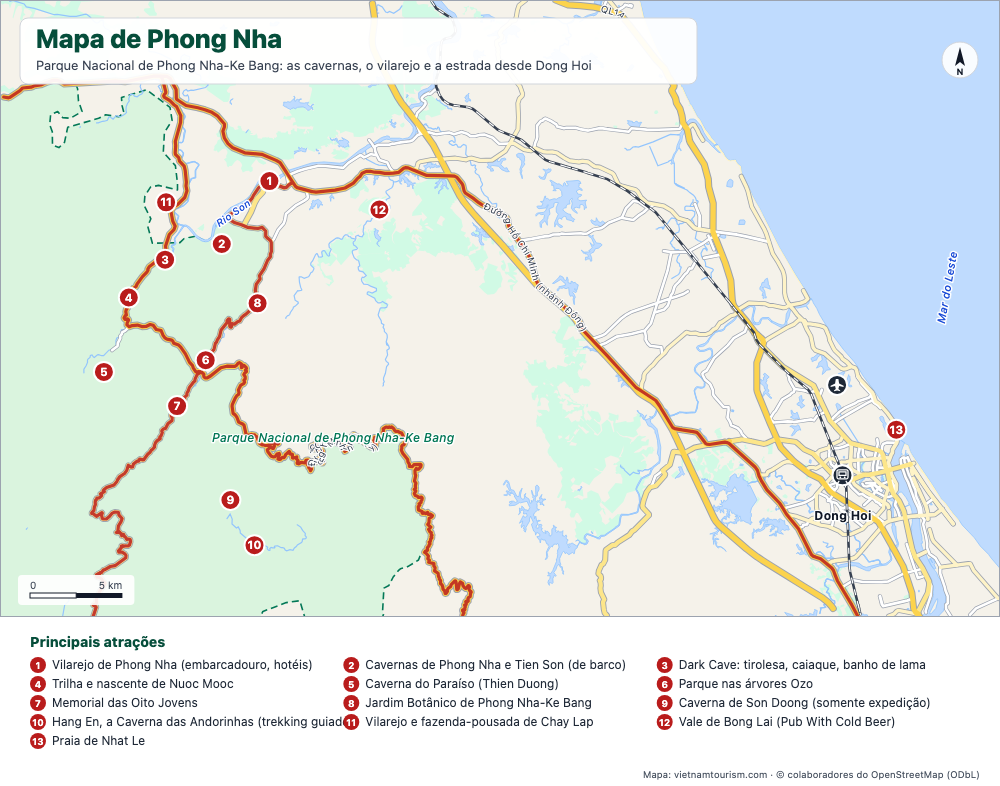 Mapa do Parque Nacional de Phong Nha-Ke Bang com as cavernas, a vila de Phong Nha e a estrada desde Dong Hoi