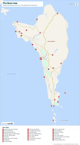 Map of Phu Quoc island with beaches, towns, the national park and 27 numbered places