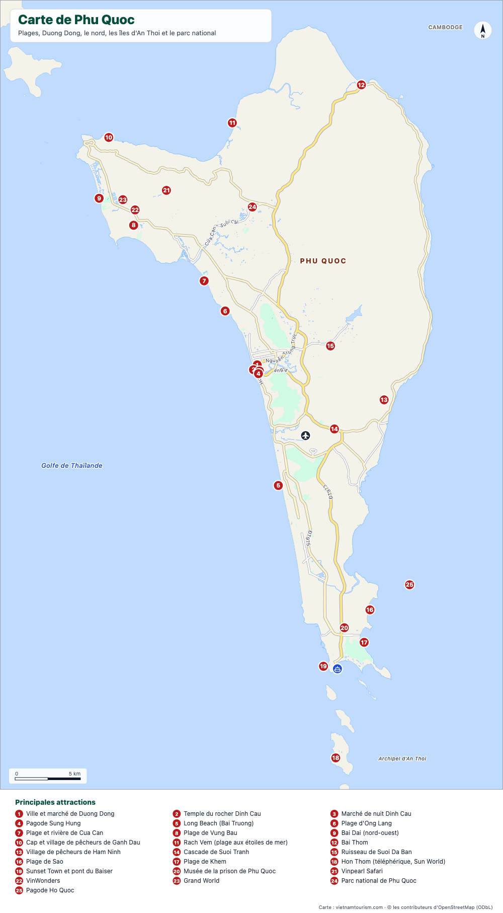 Carte de l'île de Phu Quoc avec les plages, les bourgs, le parc national et 27 lieux numérotés
