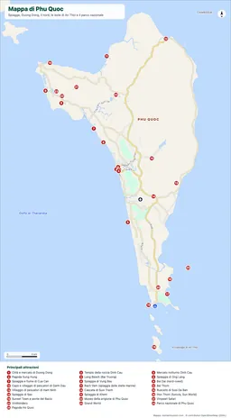 Mappa dell'isola di Phu Quoc con spiagge, centri abitati, il parco nazionale e 27 luoghi numerati