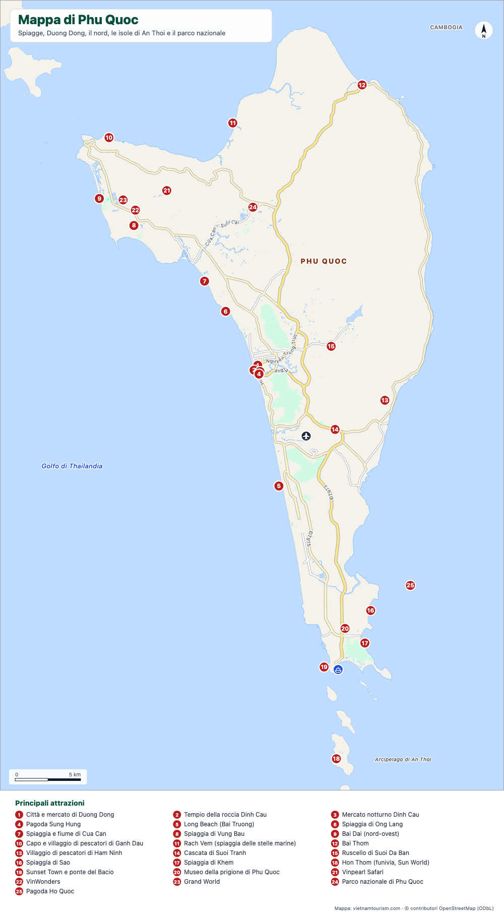 Mappa dell'isola di Phu Quoc con spiagge, centri abitati, il parco nazionale e 27 luoghi numerati