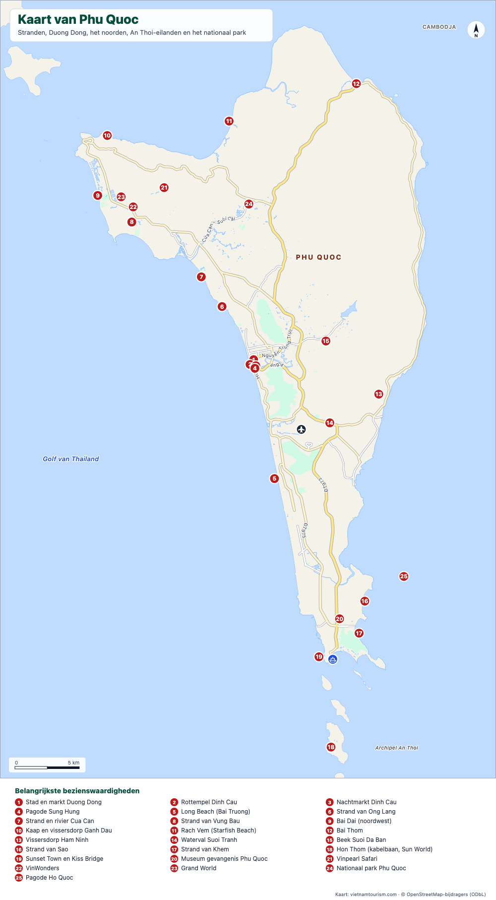Kaart van het eiland Phu Quoc met stranden, plaatsen, het nationale park en 27 genummerde plaatsen