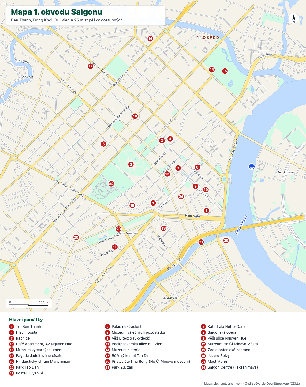 Mapa 1. obvodu Saigonu s názvy ulic a 25 očíslovanými památkami