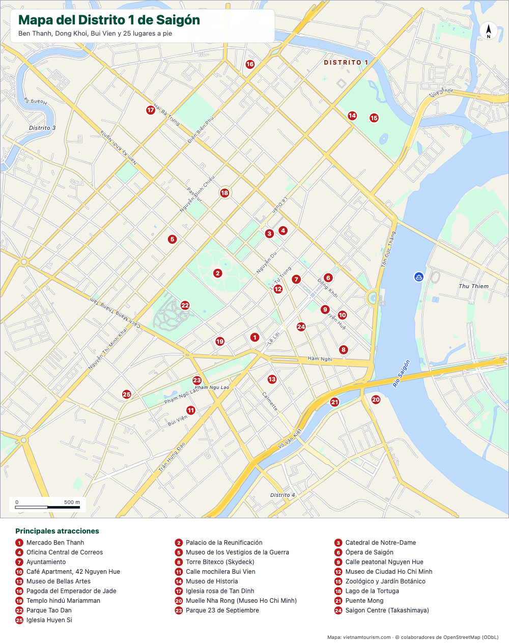 Mapa del Distrito 1 de Saigón con calles con nombre y 25 sitios numerados