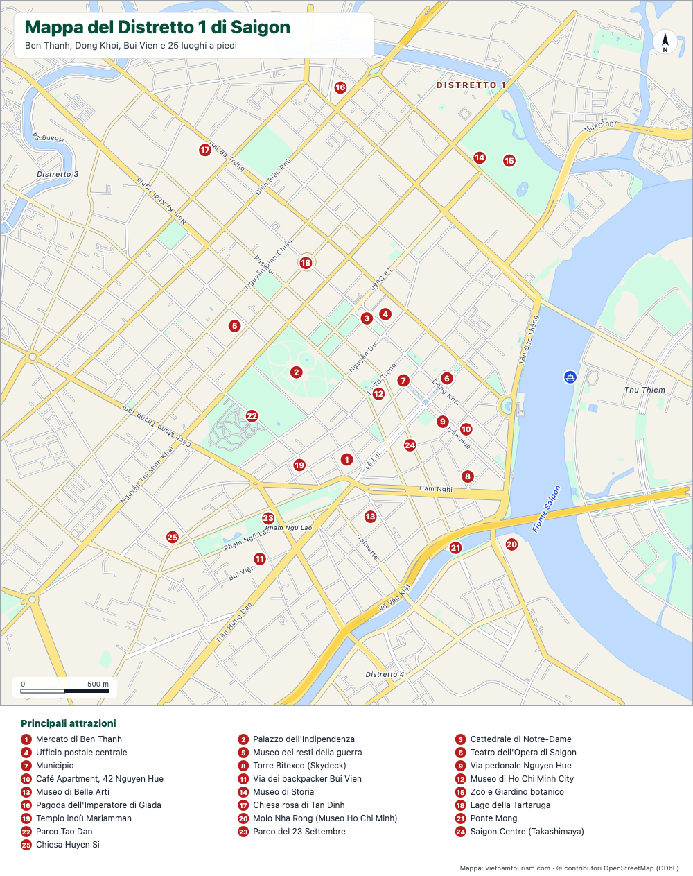 Mappa del Distretto 1 di Saigon con strade nominate e 25 attrazioni numerate