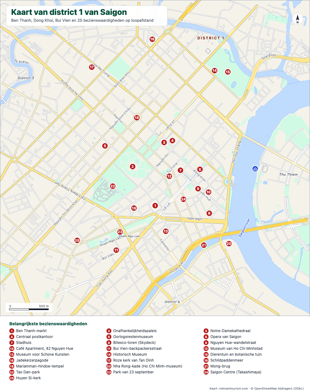 Kaart van district 1 in Saigon met benoemde straten en 25 genummerde bezienswaardigheden