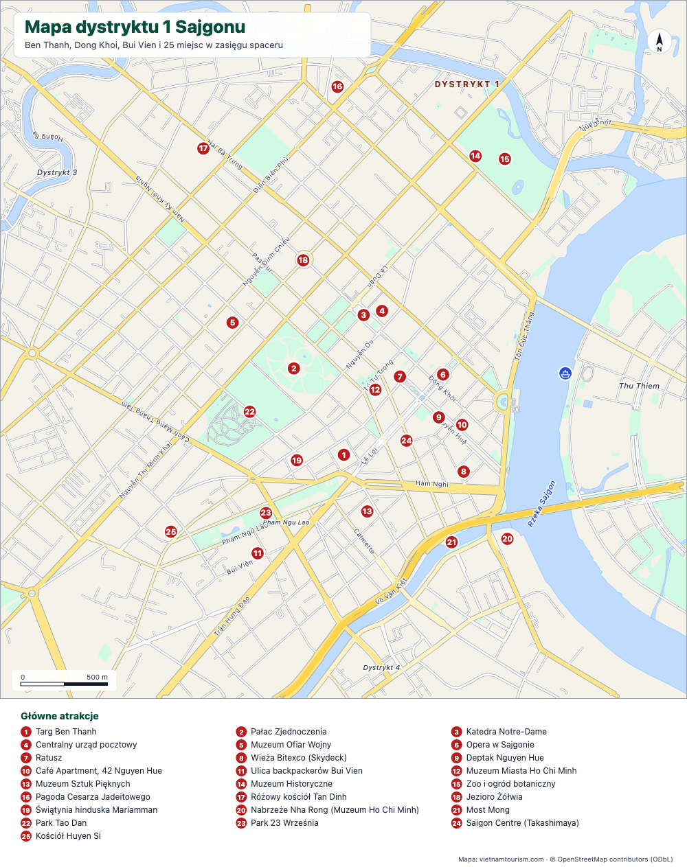 Mapa Dzielnicy 1 Sajgonu z nazwanymi ulicami i 25 ponumerowanymi miejscami
