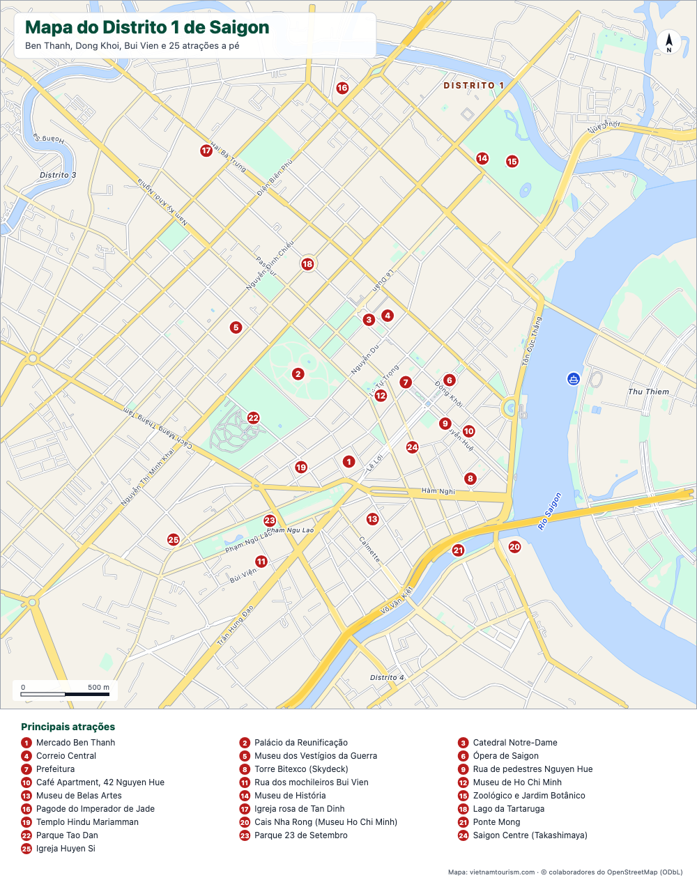 Mapa do Distrito 1 de Saigon com ruas nomeadas e 25 pontos numerados