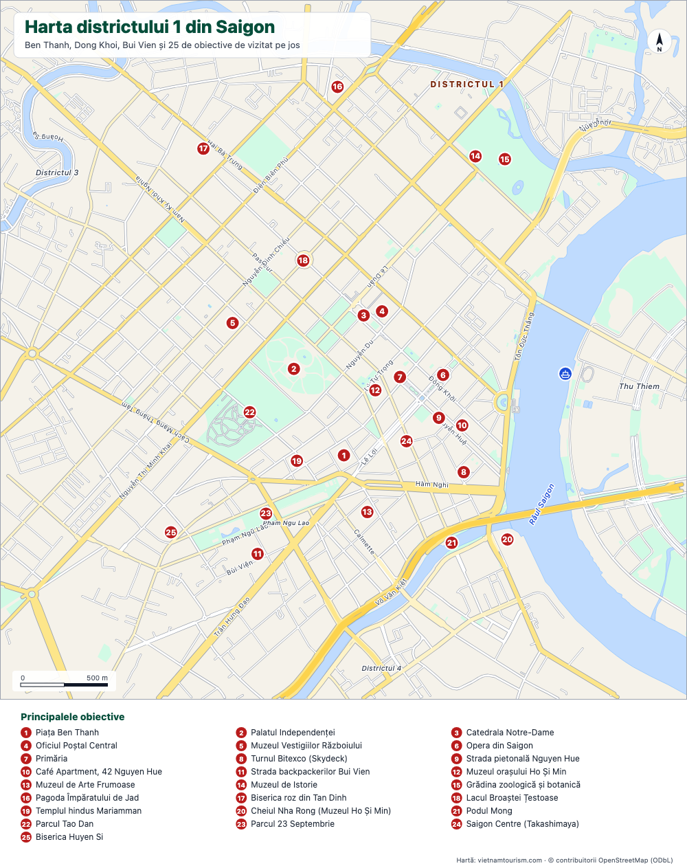 Hartă a districtului 1 din Saigon cu străzi cu nume și 25 de obiective numerotate