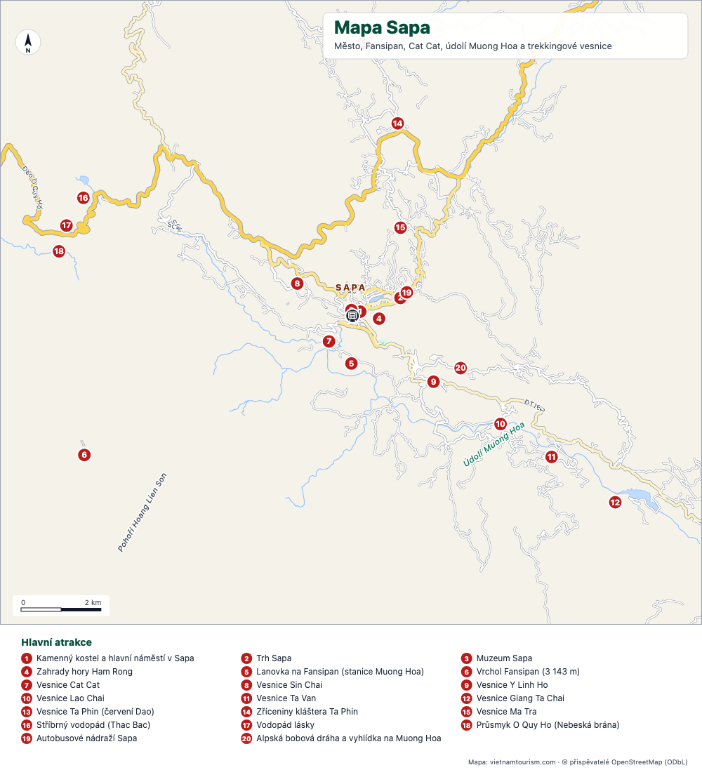 Mapa Sapa s městem, trekovými vesnicemi údolí Muong Hoa a 21 očíslovanými místy