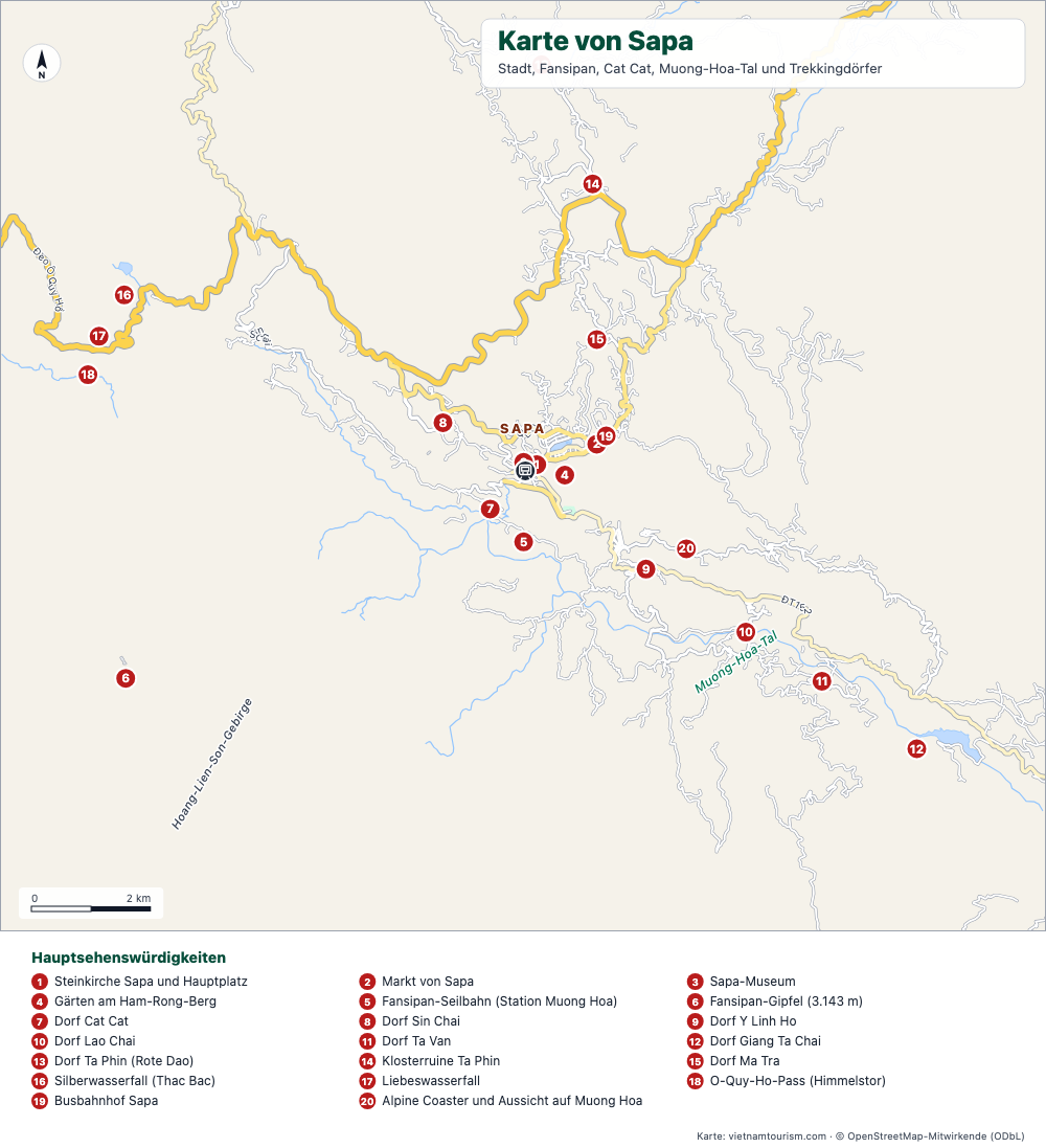 Karte von Sapa mit der Stadt, den Trekkingdörfern des Muong-Hoa-Tals und 21 nummerierten Orten
