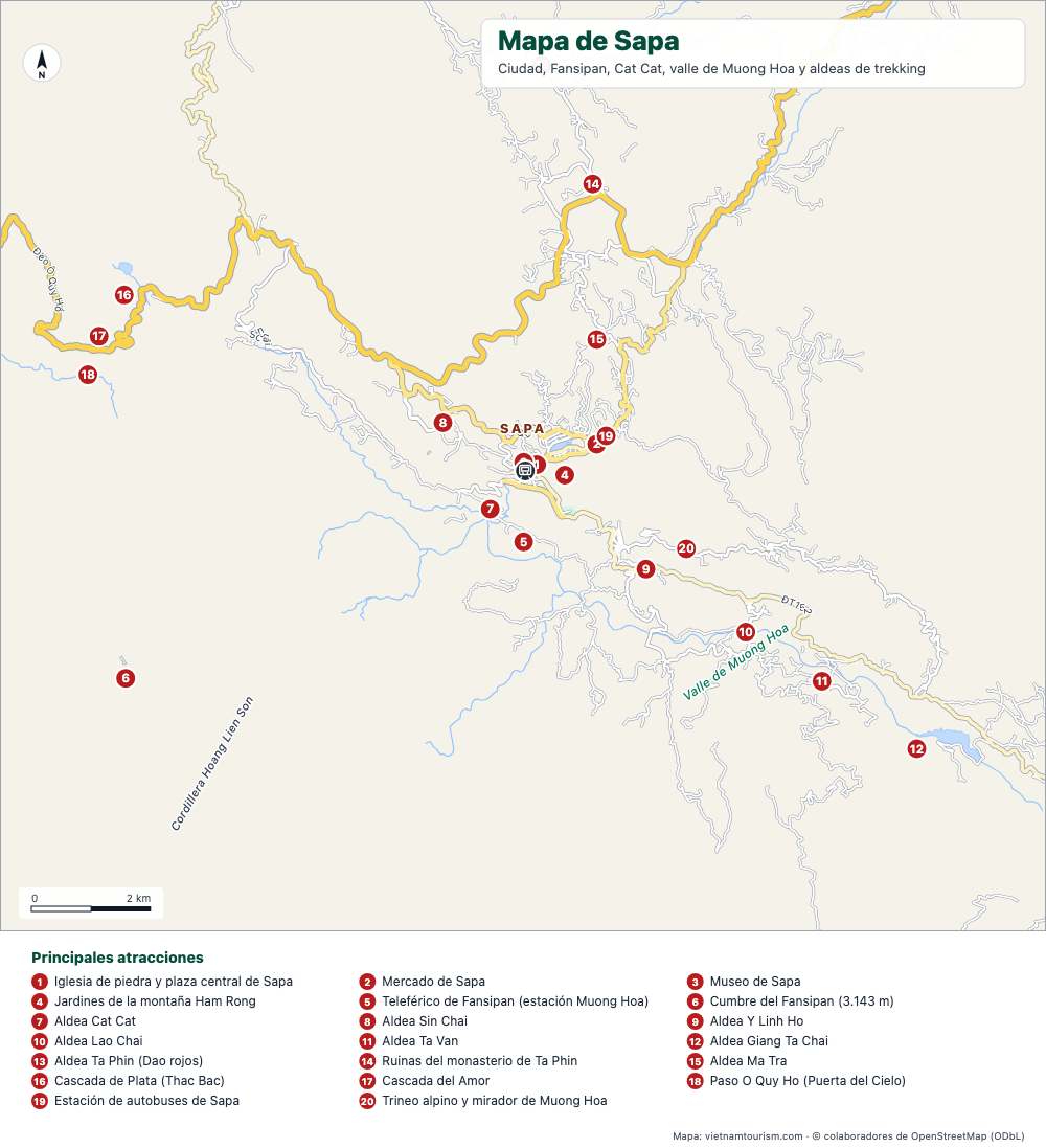 Mapa de Sapa con la ciudad, los pueblos de trekking del valle de Muong Hoa y 21 lugares numerados