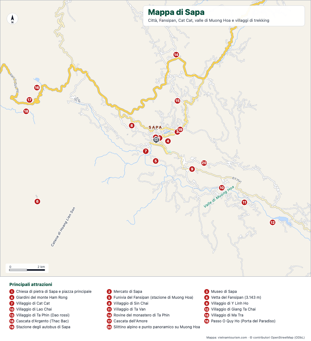 Mappa di Sapa con la città, i villaggi di trekking della valle di Muong Hoa e 21 luoghi numerati