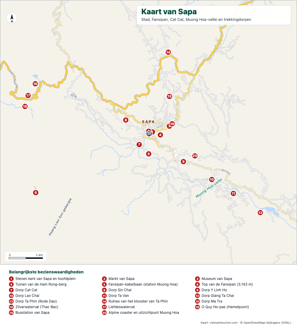 Kaart van Sapa met de stad, de trekdorpen van de Muong Hoa-vallei en 21 genummerde plaatsen