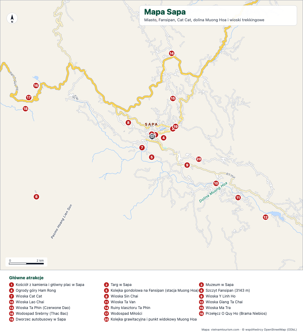 Mapa Sapa z miastem, wioskami trekkingowymi w dolinie Muong Hoa i 21 ponumerowanymi miejscami