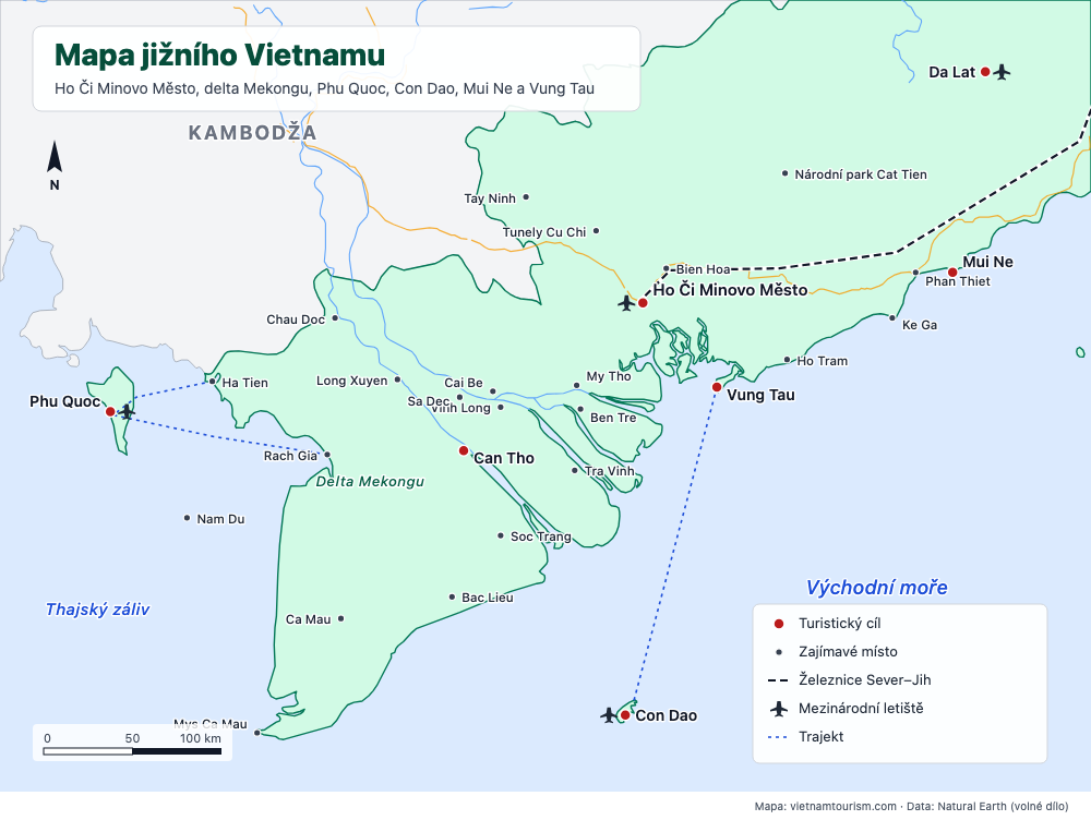 Mapa jižního Vietnamu s 29 destinacemi, silnicemi a trajektovými linkami