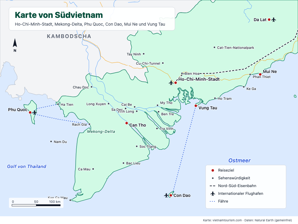 Karte von Südvietnam mit 29 Reisezielen, Straßen und Fährrouten