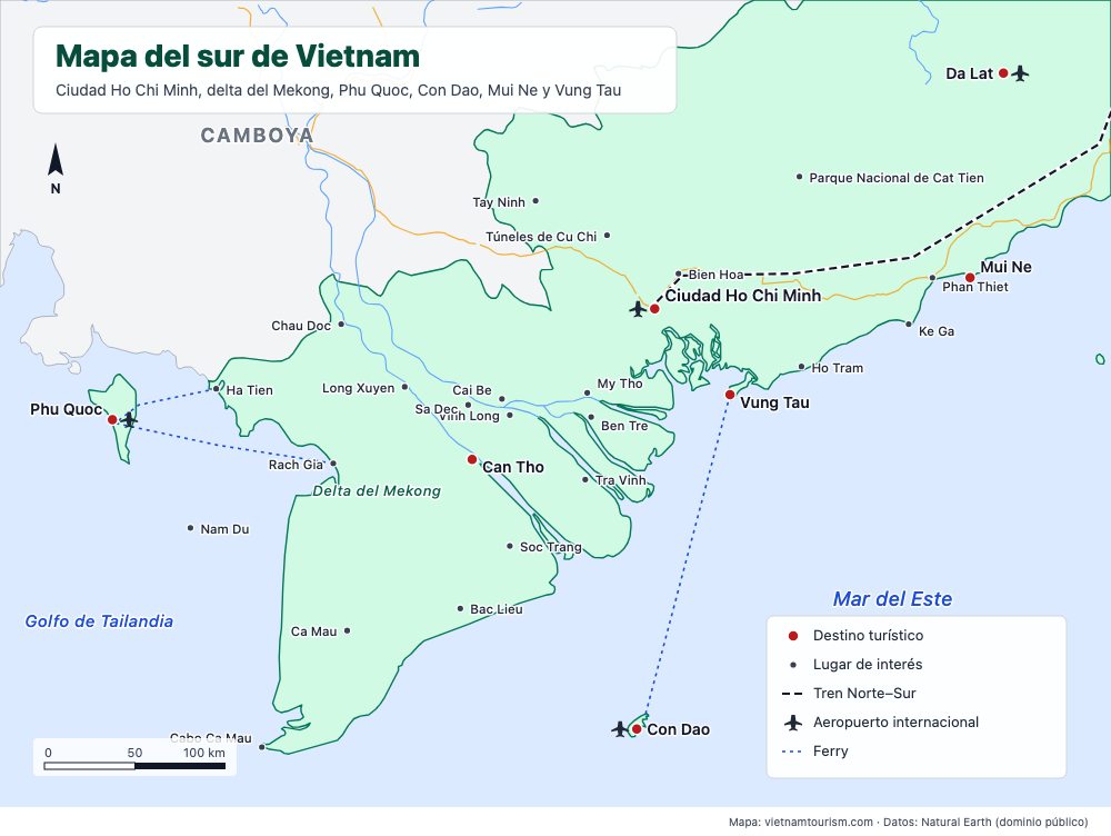 Mapa del sur de Vietnam con 29 destinos, carreteras y rutas de ferry