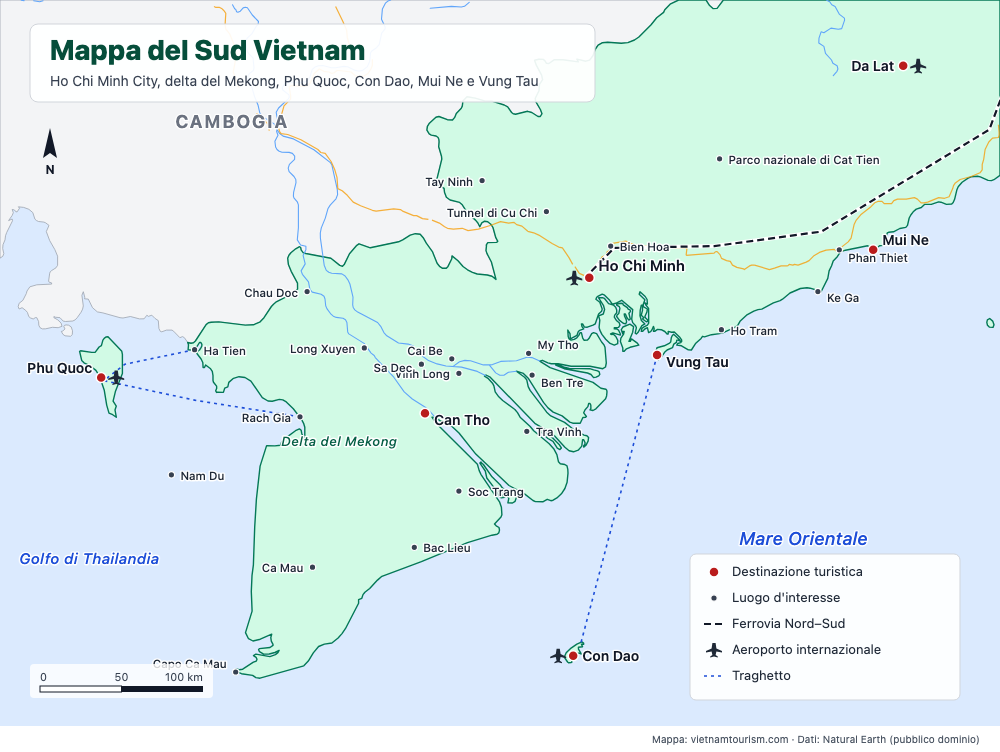 Mappa del Sud Vietnam con 29 destinazioni, strade e rotte dei traghetti