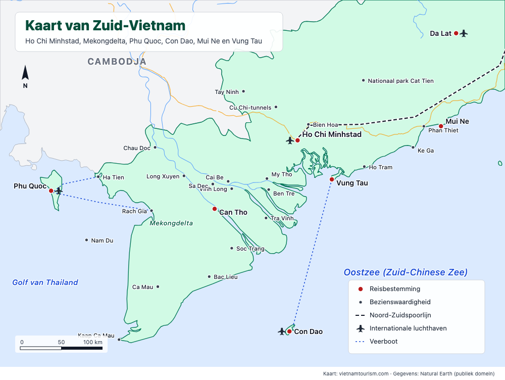 Kaart van Zuid-Vietnam met 29 bestemmingen, wegen en veer routes