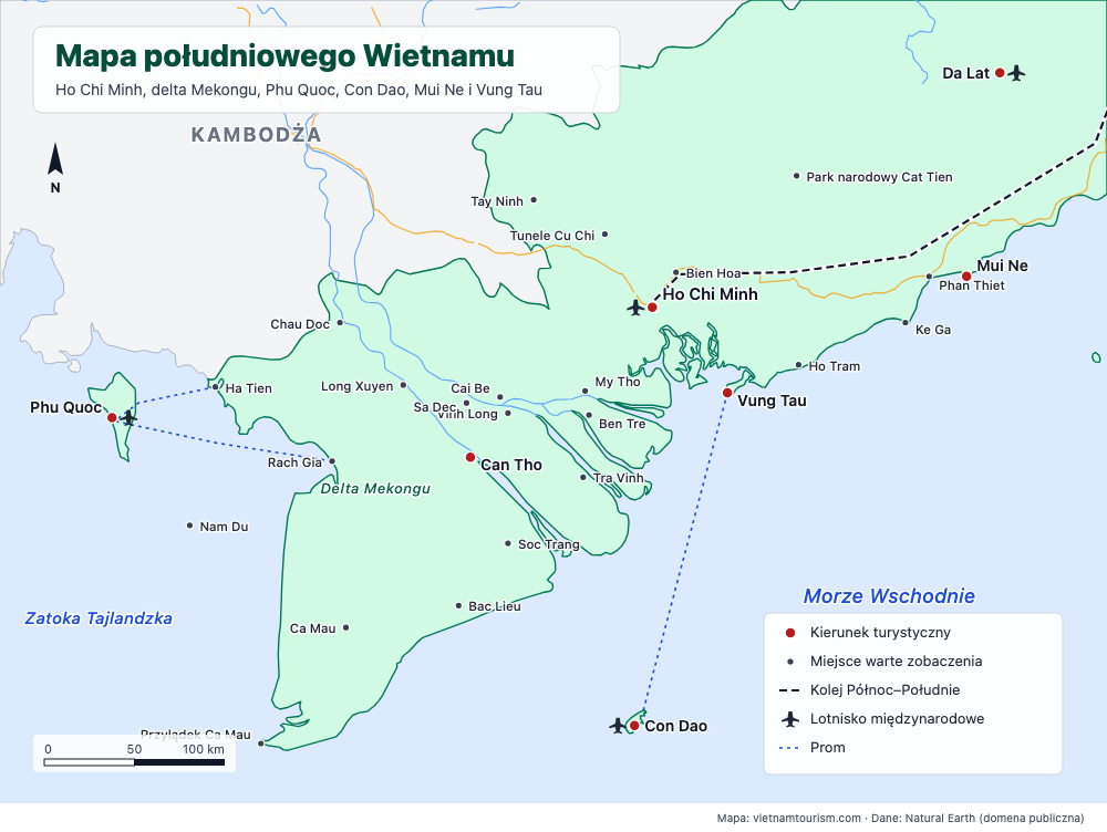 Mapa południowego Wietnamu z 29 celami podróży, drogami i trasami promów
