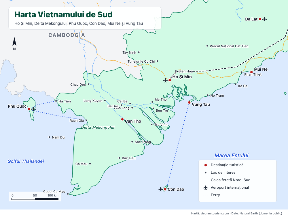 Harta Vietnamului de Sud cu 29 de destinații, drumuri și rute de feribot