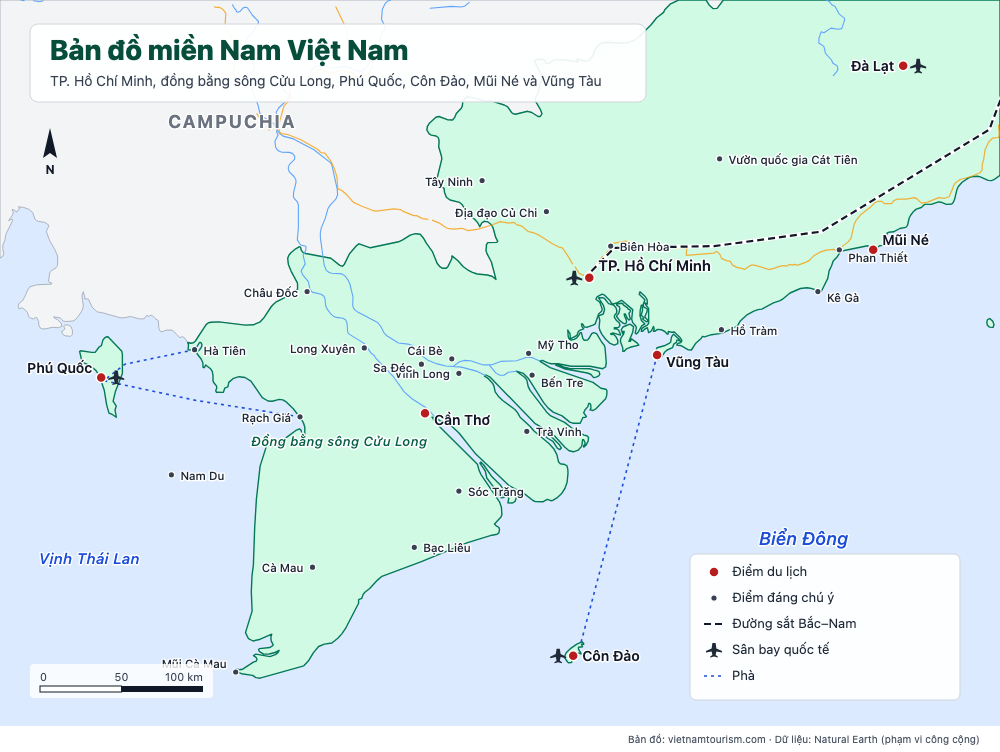 Bản đồ Nam Vietnam với 29 điểm đến, đường bộ và tuyến phà