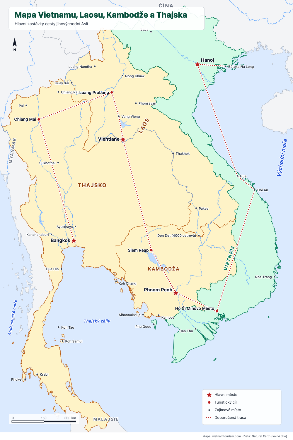 Mapa Vietnamu, Laosu, Kambodže a Thajska s doporučenou trasou a 36 místy