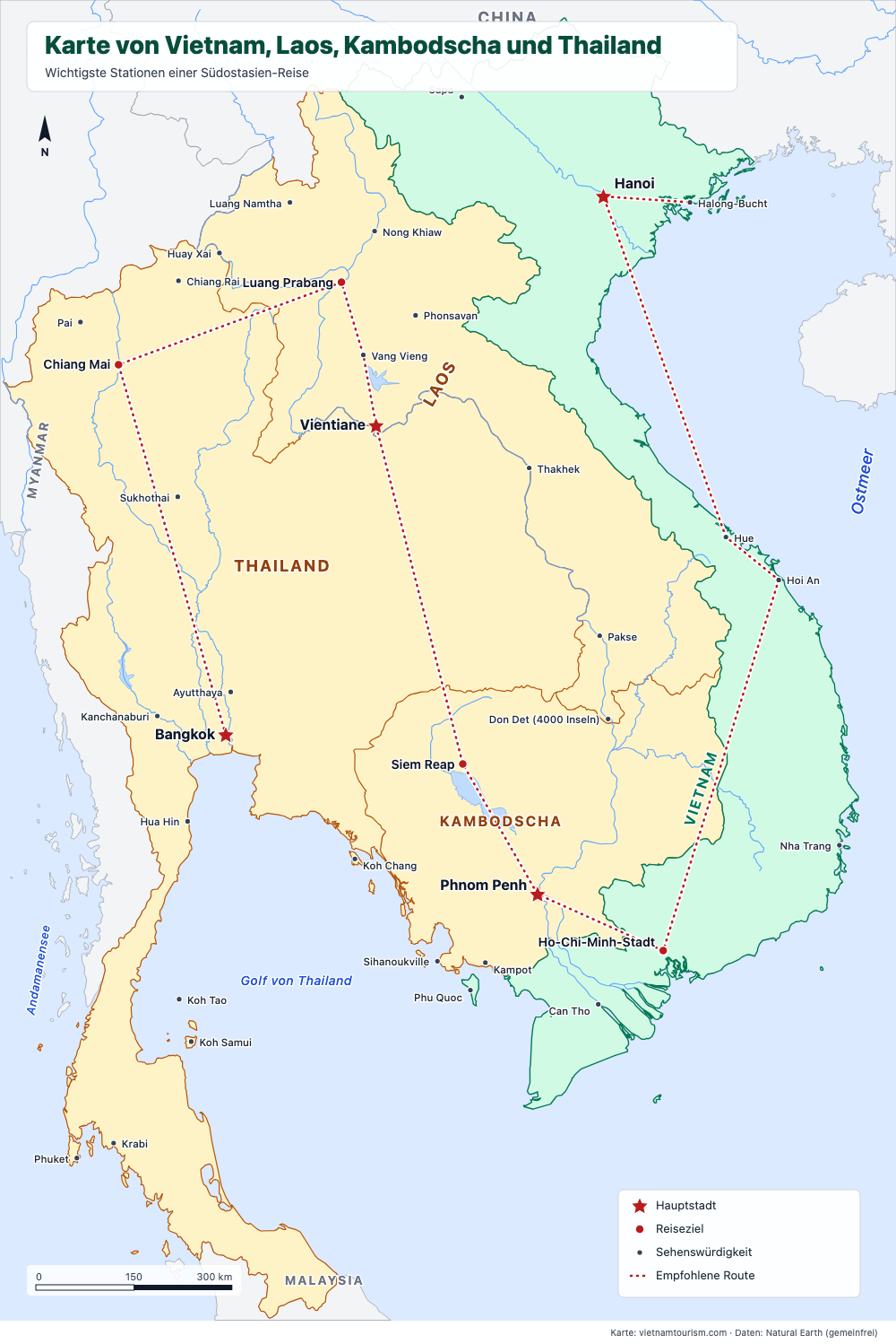 Karte von Vietnam, Laos, Kambodscha und Thailand mit einer empfohlenen Route und 36 Orten